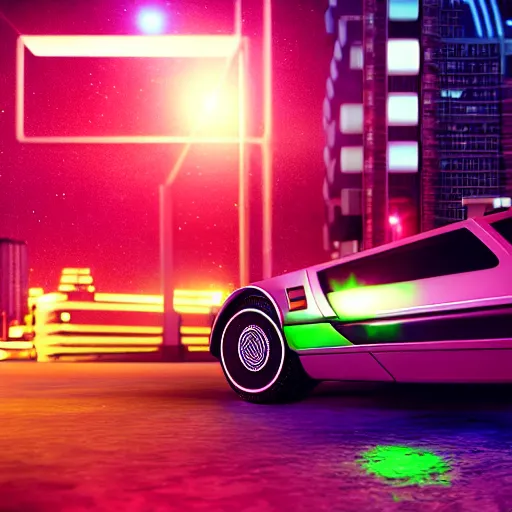 Image similar to digital art of a futuristic neon city sharp photorealistic octane render, bokeh in the background only, a in futuristic delorean hover in the foreground, deep perspective