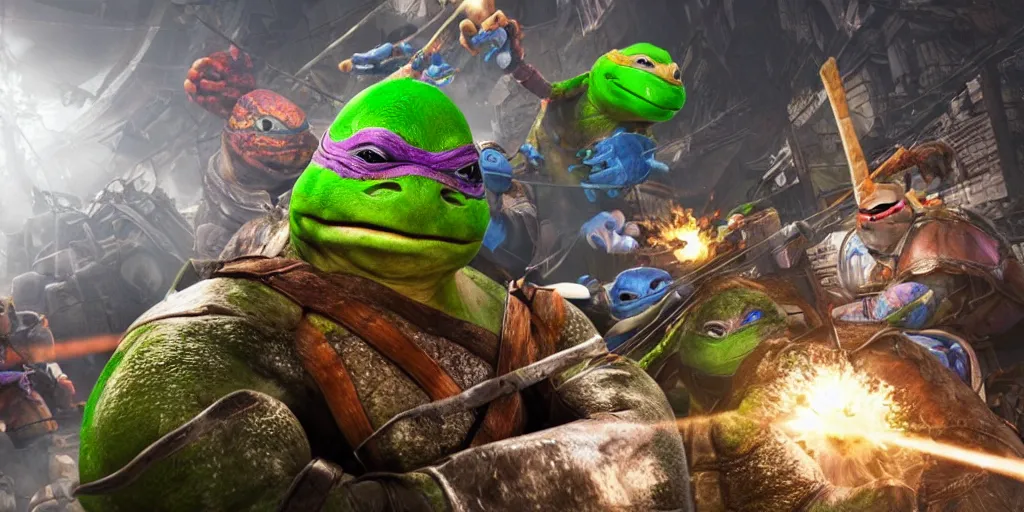 Image similar to phil spencer, microsoft, ninja turtles in an asian factory, fantasy, games 3 d, unreal, amazing detali 4 k