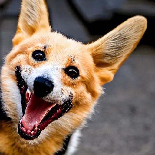 Image similar to an extremely angry corgi, terrifying, dangerous, attacking, snarling, mean, vicious