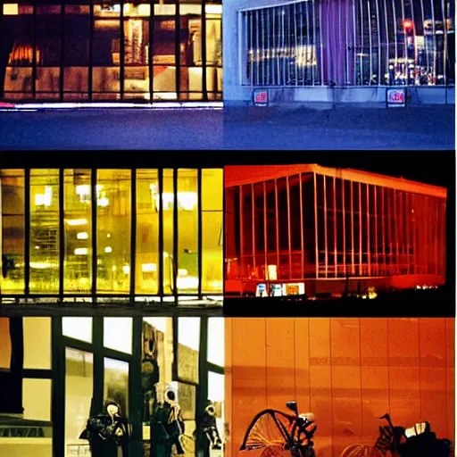 Prompt: outdoorsy guys club likes to look at the exteriors of urban architecture shot on film in technicolor:3 by darius khondji wong kar-wai night: 2 time scenes reflections through windows:2 red:4 and blue:3 lights orange:4 lights busy nightlife:2 in city scene nostalgic:3 quality