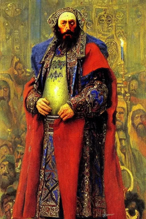 Prompt: ivan the terrible painting but ivan is thanos, painting by ilya repin