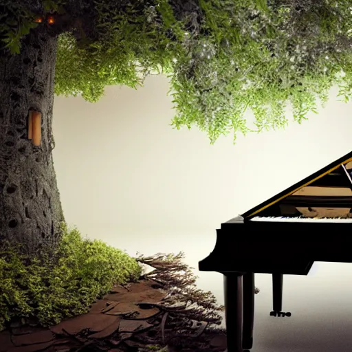 Prompt: grand piano made out of tree branches, trees, 8 k, octane render, magical, fireflies, leaves, beautiful, detailed