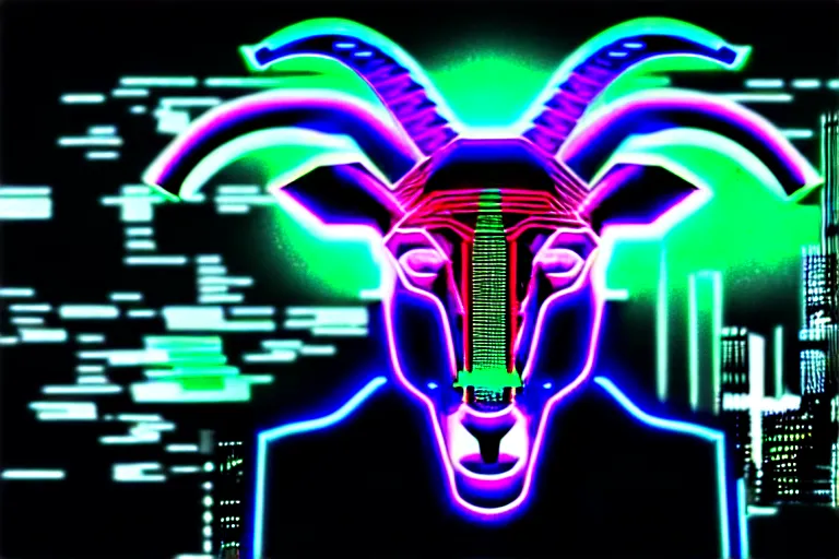 Image similar to complex cyberpunk machine background merged with evil cybernetic goat head in center focus, multicolored digital art