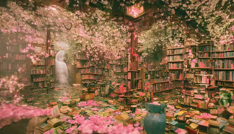 Image similar to a Wes Anderson 35mm film still of a very surreal magical bookstore with a beautiful waterfall inside, apothecary, botanical garden, falling cherry blossoms pedals, in the style of Gucci, glowing lights and floating lanterns, foggy atmosphere, rainy, moody, muted colors, magic details, very detailed, 8k, cinematic look, octane render, psychedelic,