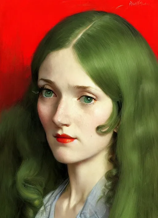 Prompt: a portrait of a woman straight long red hair big nose and big sad eyes green / gray eyes by vibrant color scheme, intricately detailed, in the style of 1 9 6 0. artstation, greg rutkowski norman rockwell