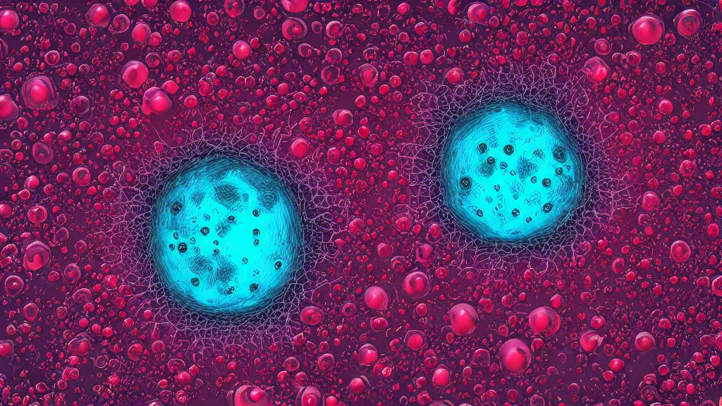 Prompt: beautiful 3 d closeup full bright color photo of deadly virus infecting a cell, seen through an electron microscope, detailed, high contrast, scientific illustration, 8 k, octane render