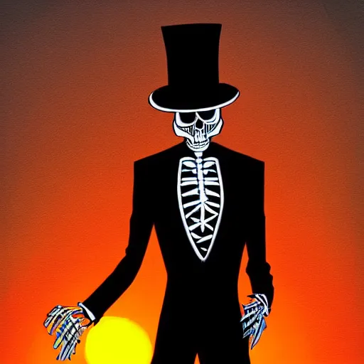 Image similar to artwork of skeleton wearing a suit and top hat at sunset by Dan Mumford. cinematic, hyper realism, high detail