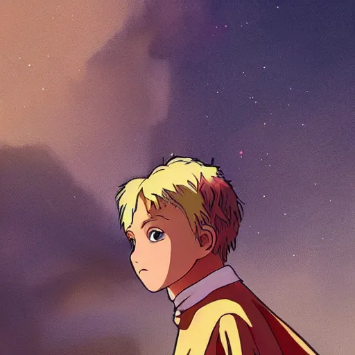 Image similar to blonde boy with glowing golden eyes wearing a brown cape and flying in t pose, in the style of studio ghibli, artgerm