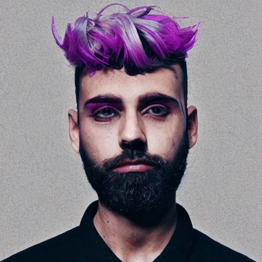 Image similar to bust portrait of handsome proud man mid 3 0 s with short black hair with grey hair, piercing in eyebrow, very short full beard, cyberpunk, fashion editorial photography, neon color scheme, waist up, low angle