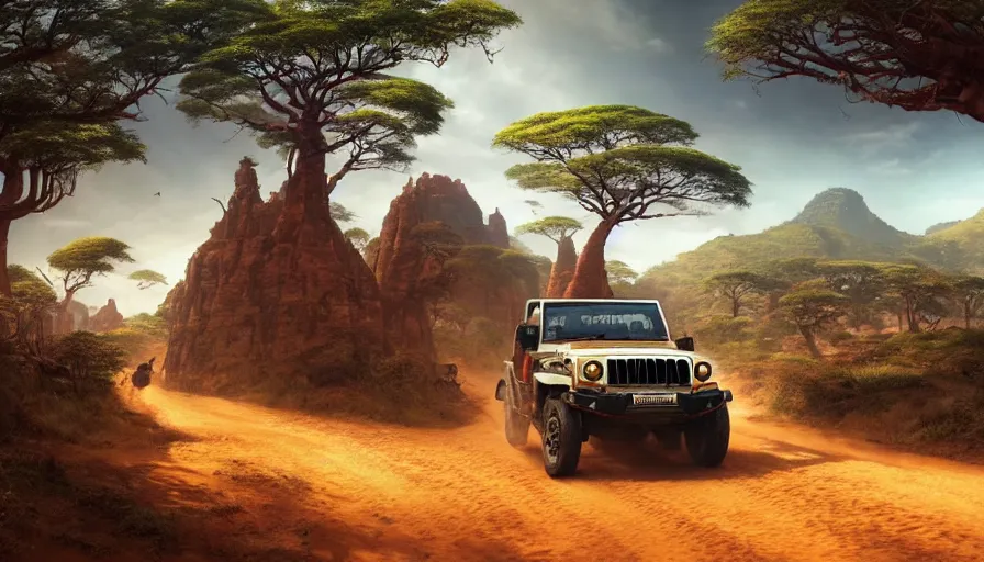 Image similar to mahindra thar driving through madagascar road with baobabs trees, animals running along, action scene, an epic fantasy, wide shot, artgerm, trending on artstation, masterpiece, by greg rutkowski, by ross tran, by fenghua zhong, octane, soft render, ultrarealistic, colorful, cinematic, horizon zero dawn