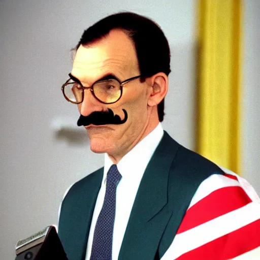 Prompt: president waluigi, real, 1 9 9 3, still, photograph, photo, speech