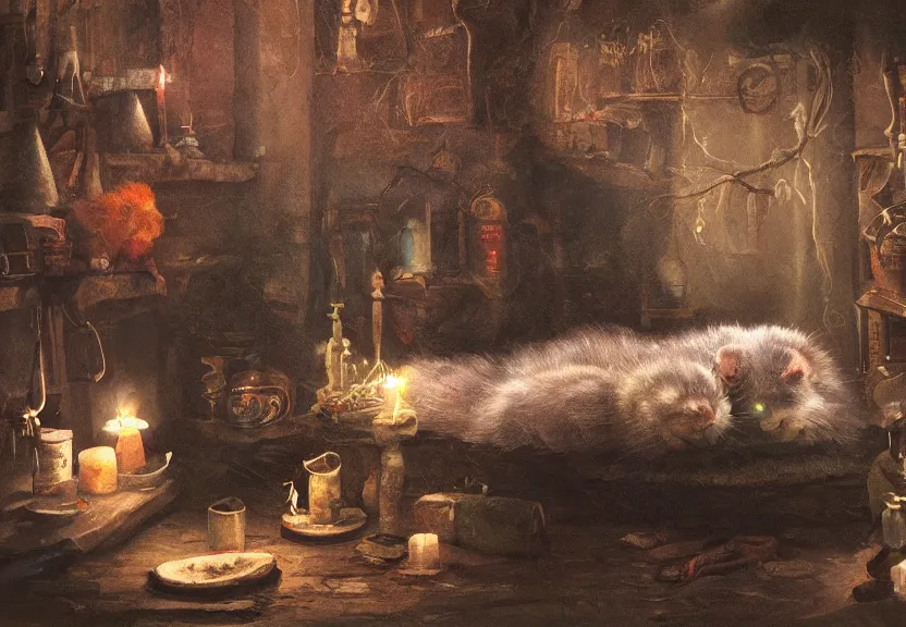 Image similar to cute possum sleeping on a bed in a medieval cluttered cottage at night under the dim light of a candle, dark fantasy, dreaming illusion, trending on artstation