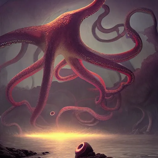 Image similar to A surreal and ethereal underwater landscape with a giant octopus, sci fi, trending on artstation, highly detailed, by Mandy Jurgens and Dang My Linh