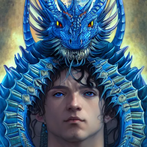 Image similar to closeup of a medieval fantasy male blue dragon with electrcity magic, fantasy, d & d, high details, art by ( ( ( kuvshinov ilya ) ) ) and wayne barlowe and gustav klimt and artgerm and wlop and william - adolphe bouguereau