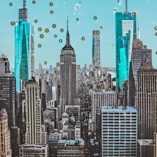 Image similar to a photo of the new york skyline except all the buildings are made of iridescent bubbles