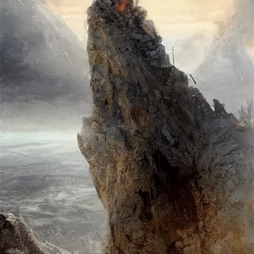 Image similar to painting of an old man with a silver gray beard and ragged robes knelt down on the peak of a mountain writing on a stone, the sky above is wreathed in flames, by Jeremy Mann, realistic, detailed, ancient, digital art, apocalyptic, earth tones, dramatic, cinematic lighting