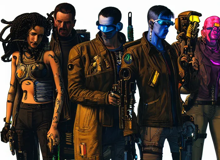 Image similar to cyberpunk kill team. portrait by stonehouse and mœbius and will eisner and gil elvgren and pixar. character design. realistic proportions. cyberpunk 2 0 7 7 character art, blade runner 2 0 4 9 concept art. cel shading. attractive face. thick lines. the team. diverse characters. shadowrun. artstationhq.