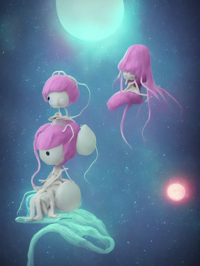 Image similar to cute fumo plush alien jellyfish girl sitting on a small island floating in the dark galactic abyss, vignette, vray