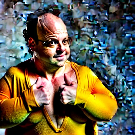 Image similar to uhd candid photo of jason alexander as a super sayian, glowing, global illumination, studio lighting, radiant light, detailed, correct face, elaborate intricate costume. photo by annie leibowitz