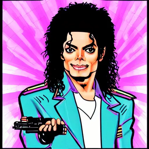 Image similar to Michael Jackson with a gun at a vaporwave themed place