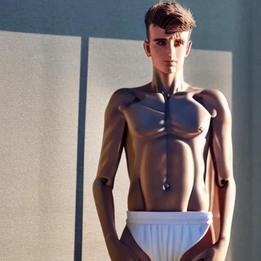 Image similar to a realistic detailed photo of a guy who is an attractive humanoid who is half robot and half humanoid, who is a male android, soccer player mason mount, shiny skin, posing like a statue, blank stare, by the pool, on display