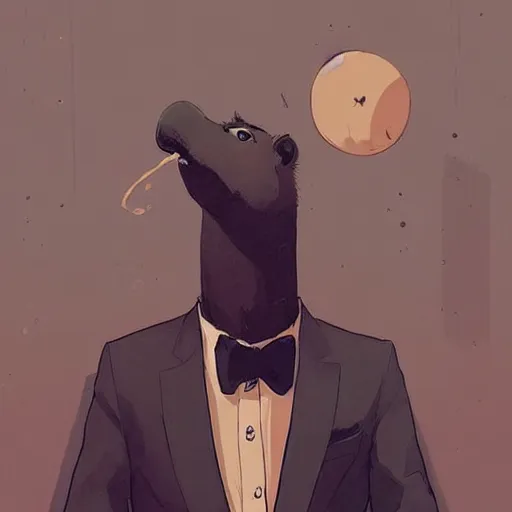 Image similar to an anthropomorphic! capybara using a black suit! by atey ghailan, by greg rutkowski, by greg tocchini, by james gilleard, by joe fenton, by kaethe butcher, grunge aesthetic!!!