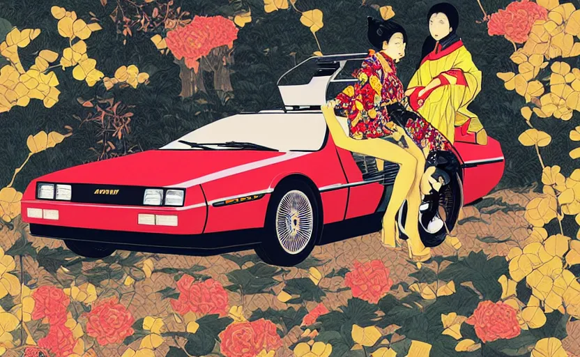 Image similar to a red delorean and a yellow tiger, painting by hsiao - ron cheng & utagawa kunisada, magazine collage style,