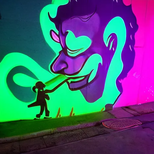 Image similar to florescent glowwave graffiti of the baby joker drinking wine on a street wall, glow wave