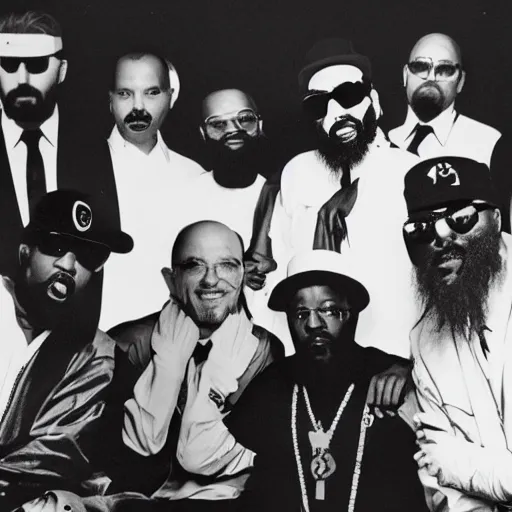 Image similar to heisenberg posing with the wu - tang clan, realistic