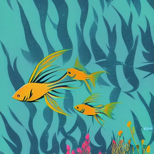 Prompt: fantastic mythical fish swimming around, eyvind earle style