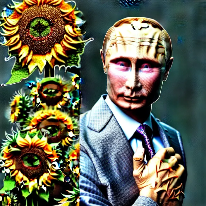 Image similar to photo portrait of Vladimir Putin - sunflowers - dressed in leisure suit with ornamental ethereal sunflower pattern, natural skin tone, highly detailed realistic flowers ornament in the upper side of breast, hair, eyebrows and wrinkles are intricate with highly detailed realistic flowers, elegant, Realistic, Refined, Highly Detailed, natural soft pastel lighting colors scheme, fine art photography by Cecil Beaton, volumetric lighting, hyper realistic photography