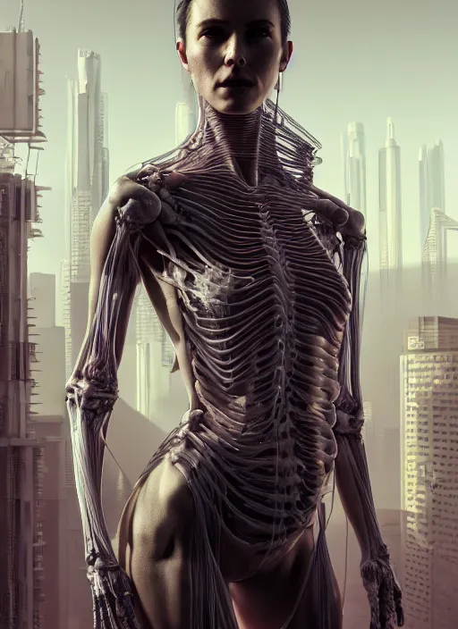 Image similar to 3 / 4 portrait, transparent skin, muscle, bones, veins, nerves, retro clothing, hyperrealism, detailed, photorealistic, cyberpunk apocalyptic city, futuristic, ultra realistic, cinematic, intricate, cinematic light, unreal engine 8 k, octane render, unreal engine by charlie bowater, david kostic, stanley lau, artgerm