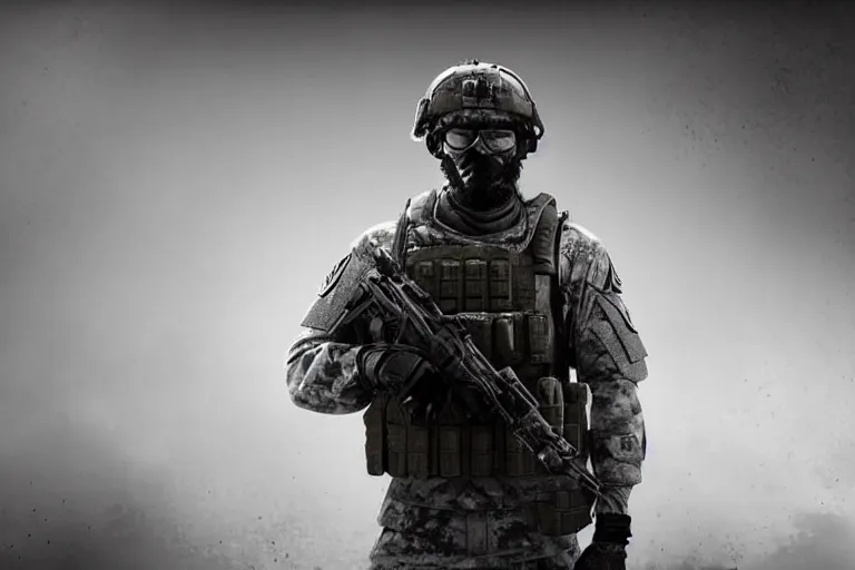 Image similar to still photo of modern warfare soldier looking at the camera in a battlefield, black and white color aesthetic, highly detailed, photorealistic portrait, bright studio setting, studio lighting, crisp quality and light reflections, unreal engine 5 quality render