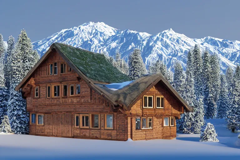 Image similar to modern half-timbered houses with in the forest with Elbrus mountain covered by snow on the background, architecture, 3d render 8k , high details