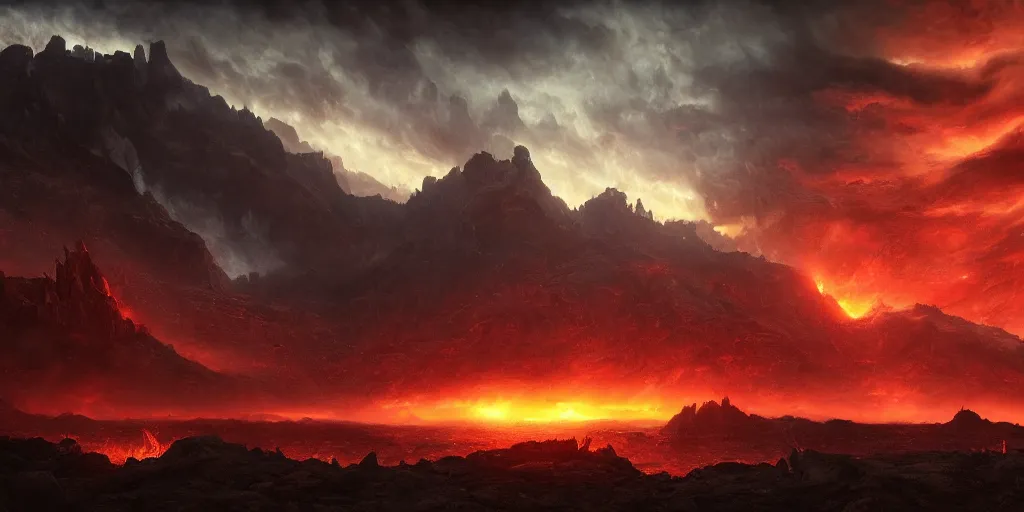 Prompt: fifth circle of hell, dante's inferno, landscape, cinematic, dramatic, very detailed, far horizon, volumetric, by eugene delacroix, artstation, jessica rossier, dante gabriel rossetti, octane render, vivid, angry red sky, demons on the ground and flying in the sky, 8 k