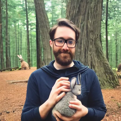 Prompt: photo of a man holding a mirror in a forest with a bunny on his shoulder