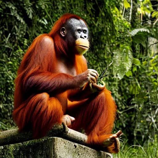 Image similar to an orangutan sitting at a desk, eating a burger, photorealism, 4 k, 8 k, shot by jimmy nelson, intricate