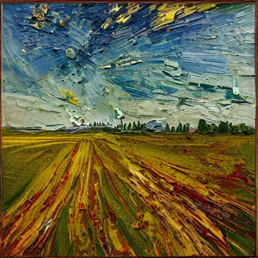 Image similar to oil paint impasto relief, beautiful evening view of an oilseed field, evening, multi layered thick brush marks, some splattered paint, in the style of ivan shishkin and frank auerbach and van gogh