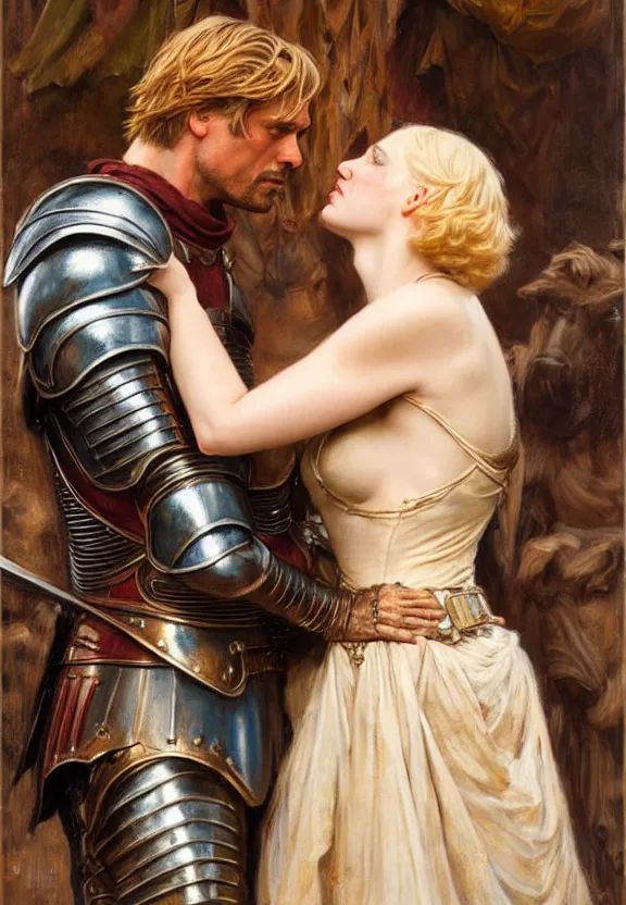 Prompt: attractive fully clothed jaime lannister kisses attractive fully clothed armored brienne of tarth. highly detailed painting by gaston bussiere and j. c. leyendecker 8 k