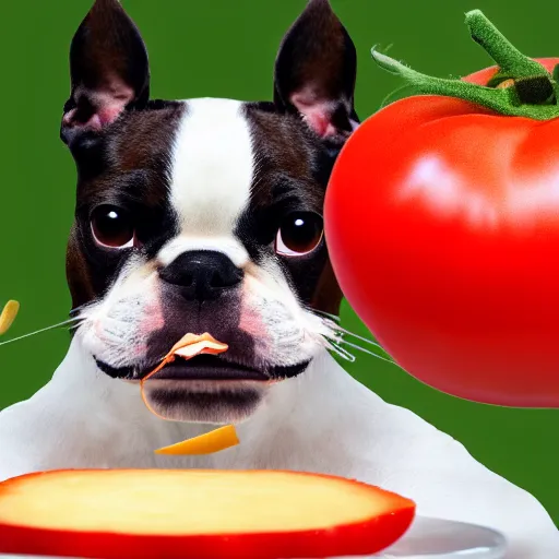 Prompt: boston terrier with a human beard eating tomato's with cheese, photorealistic, high detail, 8 k resolution