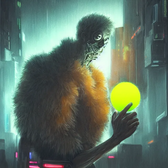 Image similar to cinematic portrait of a cute tennis ball monster, cyberpunk, bladerunner, chalk, masterpiece, trending on artstation, featured on pixiv, cinematic composition, dramatic pose, beautiful lighting, sharp details, hyper - detailed, hd, hdr, 4 k, 8 k, art by basil gogos