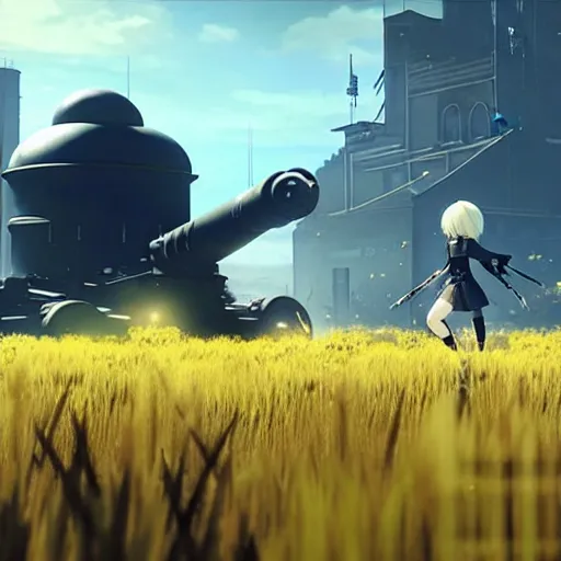 Image similar to a high resolution image from nier : automata, featuring 9 s android fighting a t 3 4 tank in yellow rye field under pure blue skies