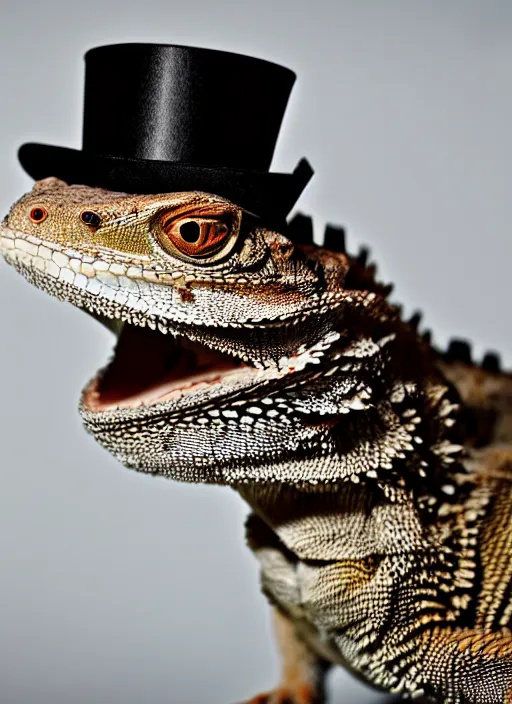 Image similar to dslr portrait still of a bearded dragon wearing a top hat and bow time, 8 k 8 5 mm f 1. 4