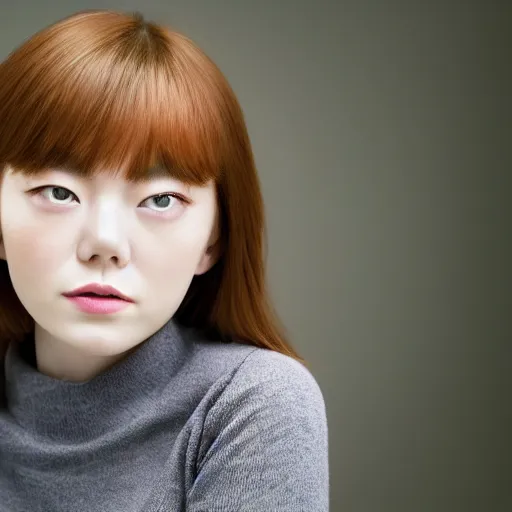 Image similar to a masterpiece portrait photo of a beautiful young woman who looks like a korean emma stone, symmetrical face