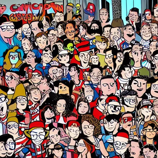 Image similar to cartoon of where's waldo at comic con