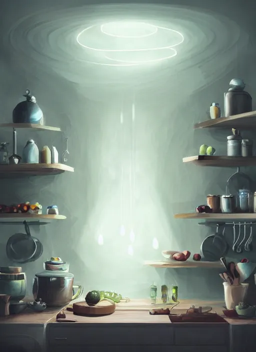 Image similar to high depth, collective civilization kitchen, calm, healing, resting, life, hybrids, scifi, soft white glowing lights, published concept art, art in the style of all and none and everything and infinity, clowdy day