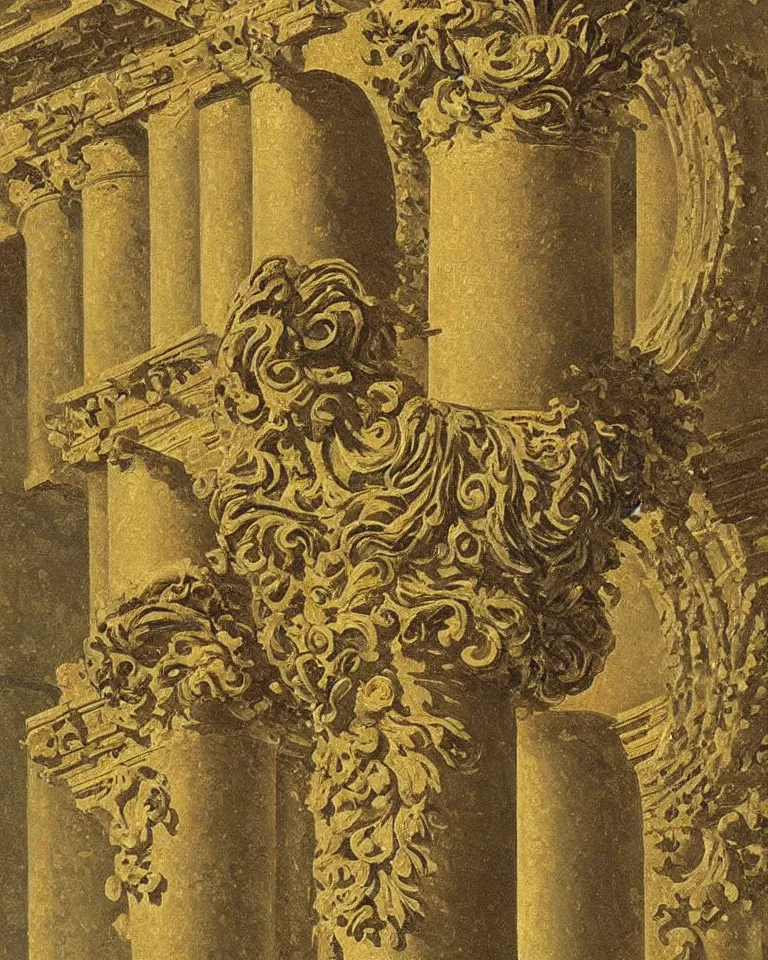 Image similar to achingly beautiful painting of intricate ancient roman corinthian capital on 2 2 k gold background by rene magritte, monet, and turner. giovanni battista piranesi.