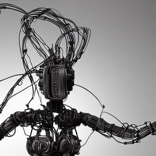 Prompt: a robot woman made of wires and cables