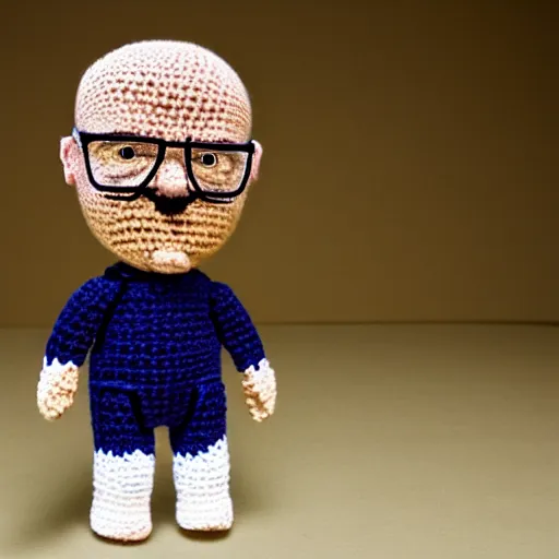 Image similar to walter white as a knitted crochet doll, 4 k, hyper realistic, dslr, high resolution, landscape, beautiful