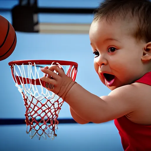 Image similar to a baby dunking a basketball, close up, dramatic action photography